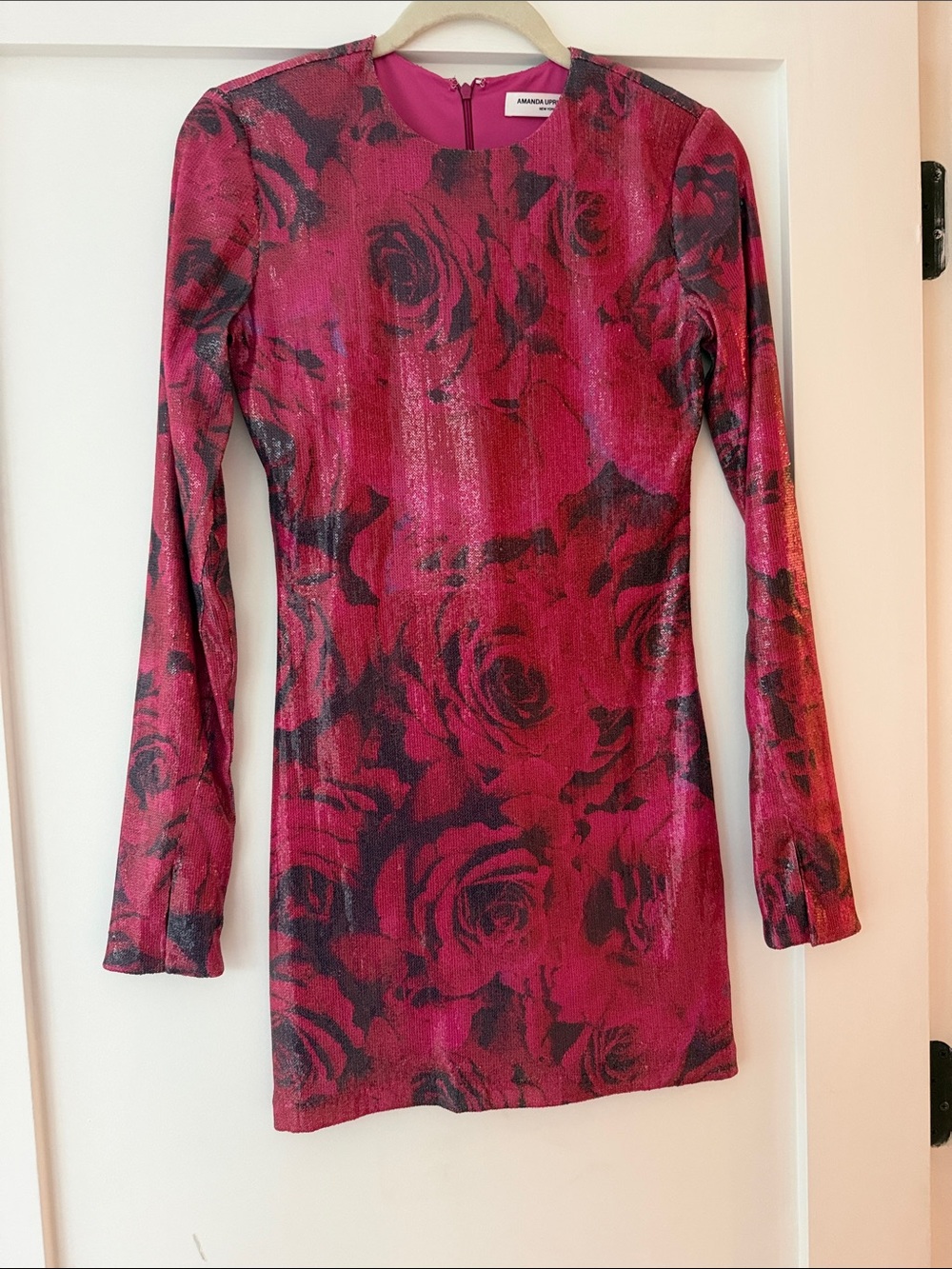 Amanda Uprichard Fuchsia Rose-Print Long Sleeve Mini Dress
